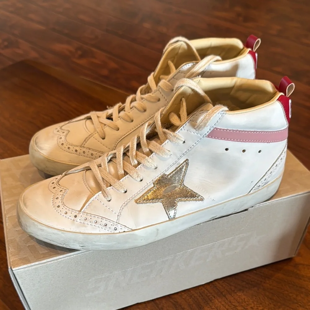 White and Pink High-Top Sneakers with Gold Star